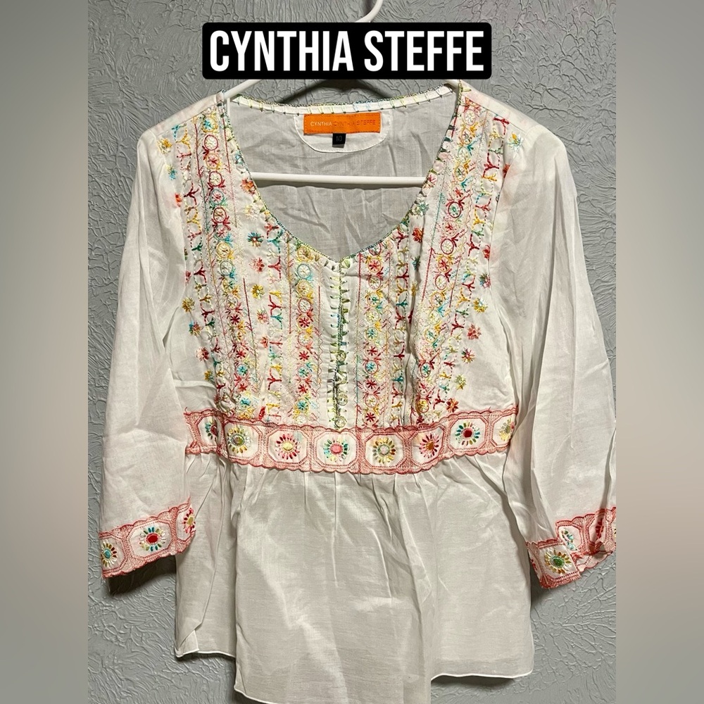 Cynthia Stefee Cotton Embroidered Blouse Size 10